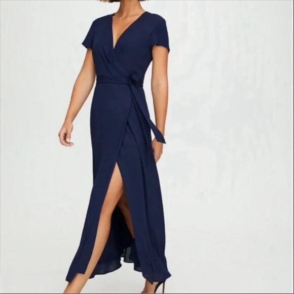 Aritzia Deep Blue Wrap Midi Dress - Picture 1 of 10
